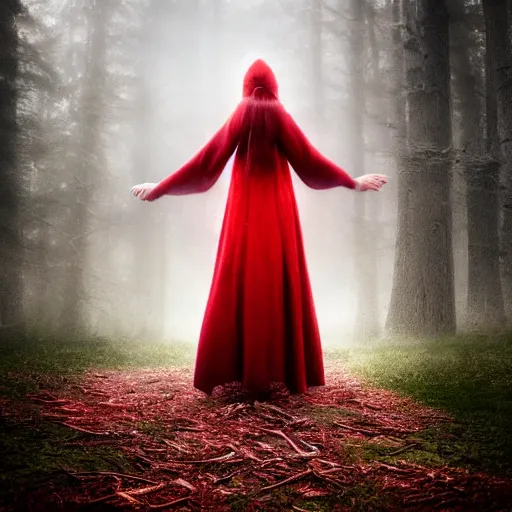 Prompt: a high detailed photo of a lady in a red cloak, seen from behind, ancient forest, mist, 35mm, photorealistic, realistic, deviantart, gloomy atmosphere, high definition