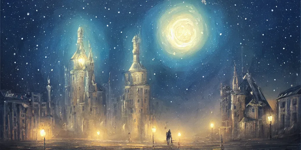 Image similar to stary night painting, artstation, tower, house, city