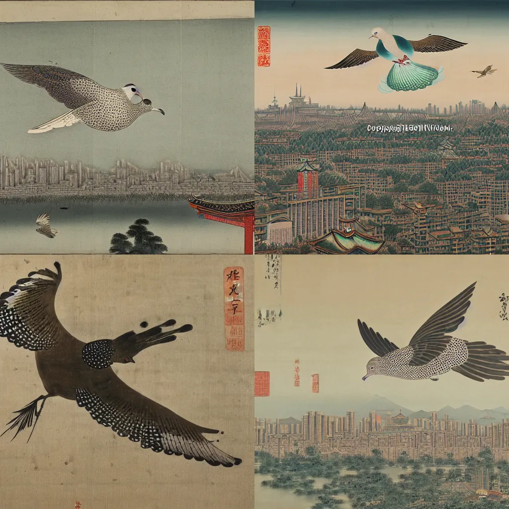 Prompt: A spotted dove flying, with the skyline of Shanghai as background, Qing dynasty painting