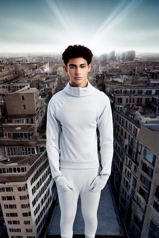 Image similar to un ultra high definition studio quality photographic art portrait of a young man standing on the rooftop of a british apartment building wearing soft padded silver pearlescent clothing. three point light. extremely detailed. golden ratio, ray tracing, volumetric light, shallow depth of field. set dressed.