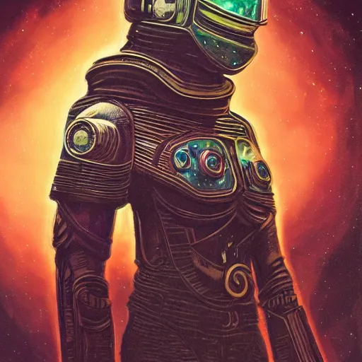 Image similar to space pilot, 70s sci-fi, highly detailed, dark enlightenment, alchemy, nigredo, deep aesthetic, concept art, post process, 4k, highly ornate intricate details, art deco,