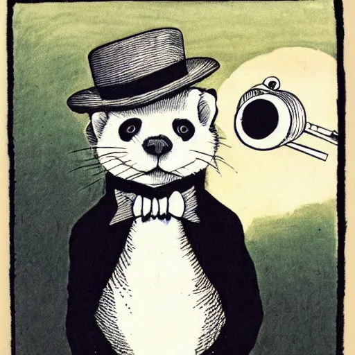 Image similar to a portrait of a jaunty gentleman ferret wearing a monocle by edward gorey