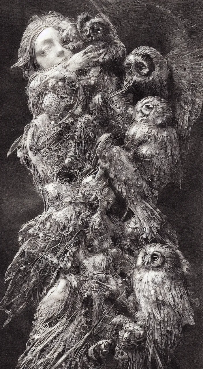 Image similar to Jean-Baptiste Monge and Alex Ross a artwork of leonardo da vinci sketches of steampunk owl