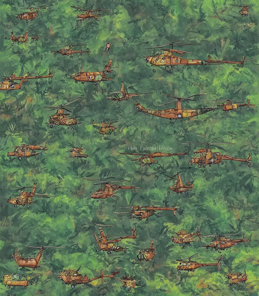 Prompt: forest scene vietnam jungle vietnam war huey helicopters in the style of a. a. milne