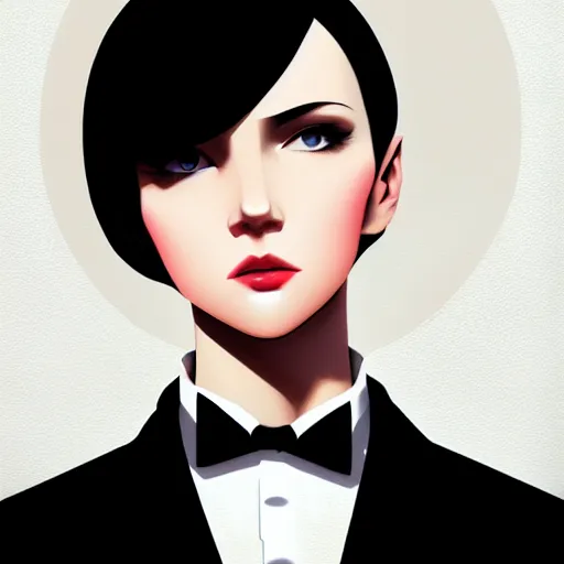 Image similar to young in black tuxedo, scornful, disdainful, muted colors, matte print, pastel colors, 2d, ultra highly detailed, smooth, sharp focus, digital art, digital painting, fan art, elegant, artstation, head is centered, by Ilya Kuvshinov