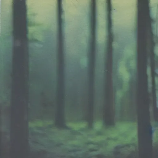 Image similar to aged blurry polaroid photograph of a forest at dusk