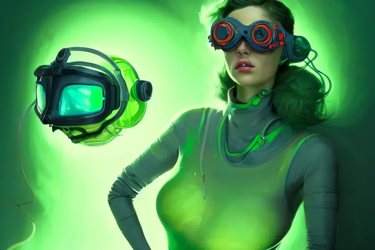 Image similar to a female scientist wearing futuristic goggles, experimenting on green glowy goo, cinematic lighting, peter mohrbacher, wlop, trending on artstation