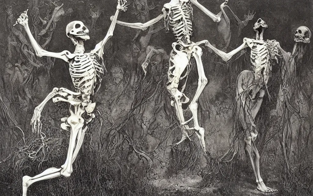 Prompt: eartern european springtime skeleton dancing danse macabre by zdzisław beksinski and gustave dore and alphonse mucha.