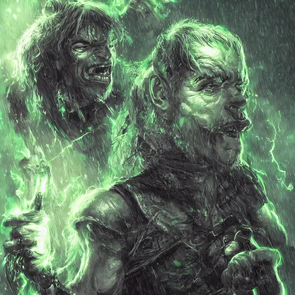 Image similar to half - orc shaman with long wiry grey hair, glowing green eyes, glowing tattoos, lightning in background, rainy background, character concept art, artstation, digital art