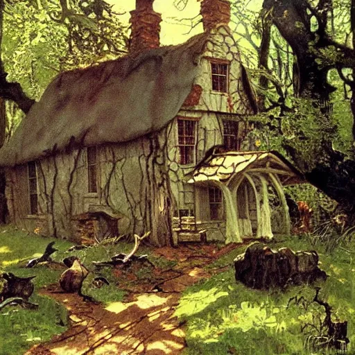 Image similar to witch cottage in the forest, art by norman rockwell