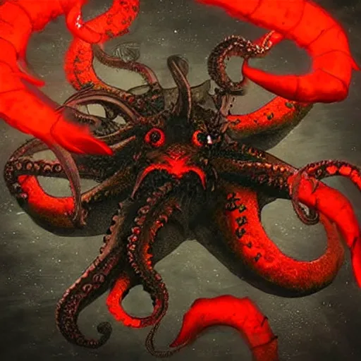 Image similar to a demonic kraken with glowing red eyes eating a battle ship