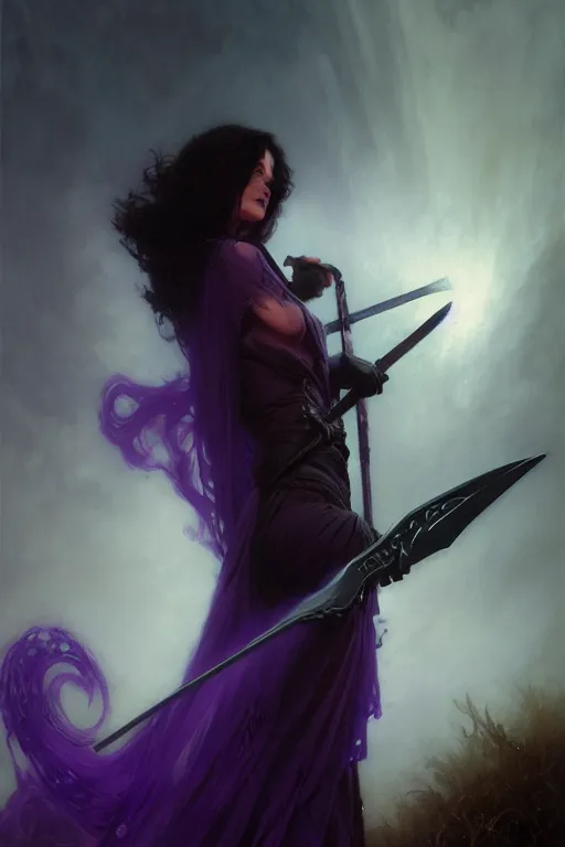 Image similar to grim reaper in a flowing dress, purple hair, holding a scythe, funeral, backlit, godrays, portrait dnd, painting by gaston bussiere, craig mullins, greg rutkowski, yoji shinkawa