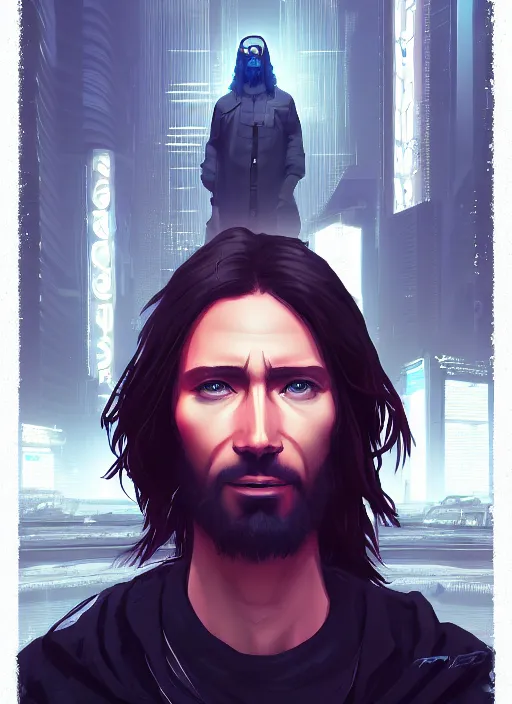 Prompt: « a portrait of a cyberpunk jesus, a character portrait by paul kelpe, reddit contest winner, sots art, ilya kuvshinov, 2 d game art, parallax »