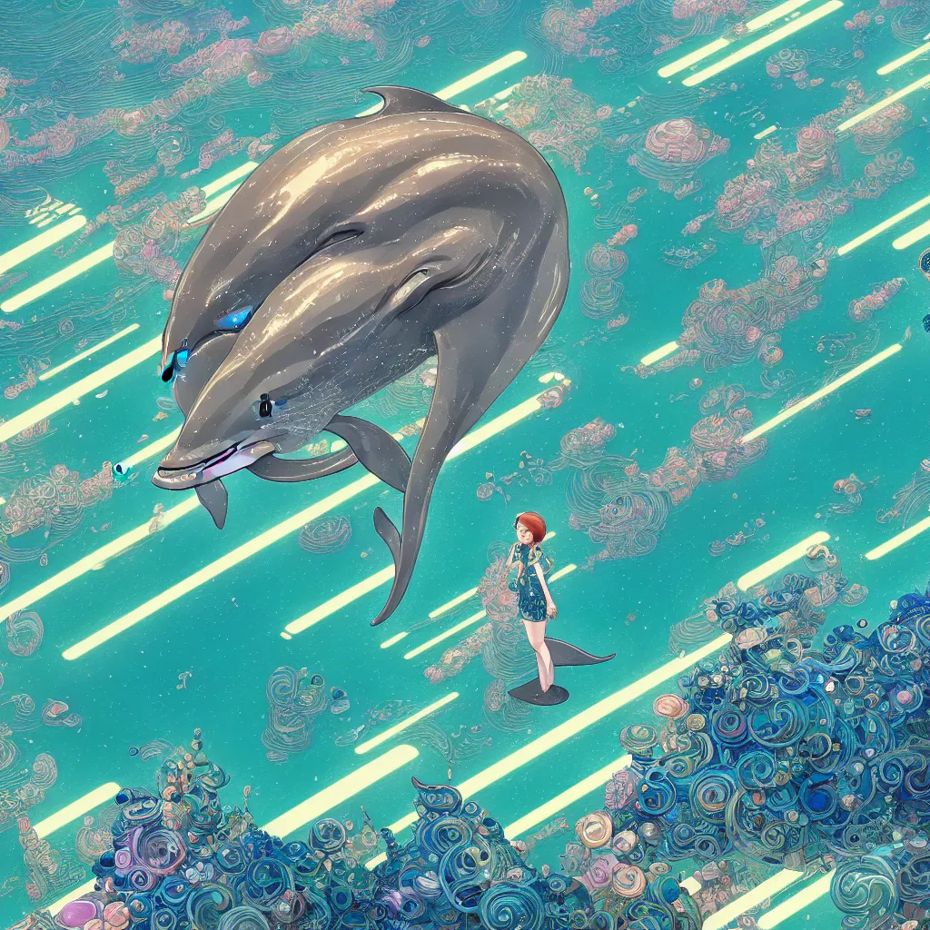 Image similar to a beautiful hyperdetailed character design 4 k wallpaper illustration of a cute dolphin, city by the sea, victo ngai cyberpunk style, from china, style of studio ghibli, makoto shinkai, raphael lacoste, louis comfort tiffany, artgerm, james jean, ross tran, chinese style