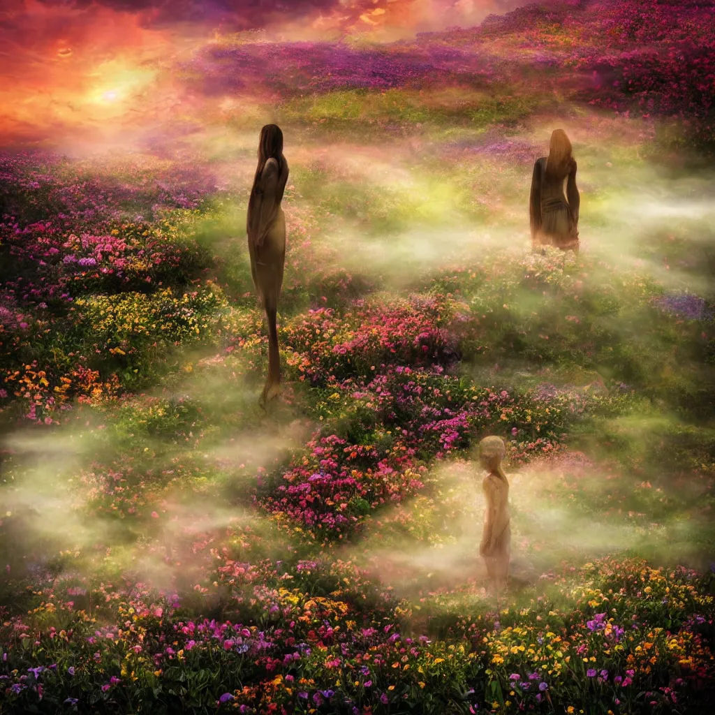 Image similar to a planet of various flowers, fungus and plants, in which the human figure is dressed in something magical and impressive, inside the picture is infinity, sunset light, Atmospheric phenomenon, artistic photography, muted colors, conceptual, long exposure outside the city