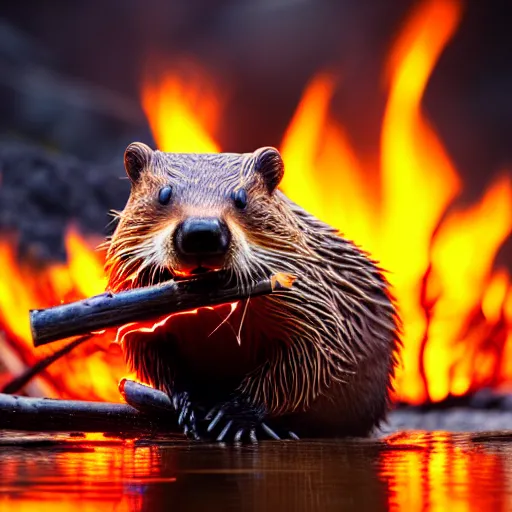 Image similar to wildlife photography of a beaver chewing down a bamboo shoot, surrounded by flames and lava, f / 1. 8, soft focus, 8 k, national geographic, award - winning photograph by nick nichols