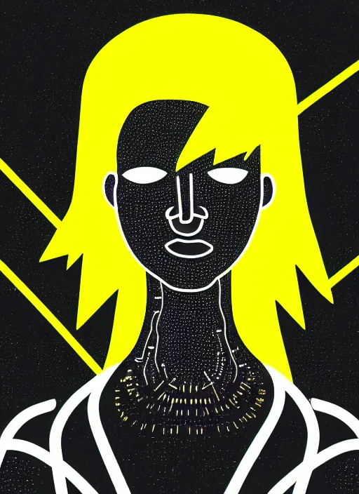 Image similar to highly detailed closeup portrait of wasteland long glowing yellow and white plasma hair tribal lady, stray electric spark wiring by jean jullien, 4 k resolution, gradient yellow, black and white color scheme!!! ( ( lightning robotic city background ) )