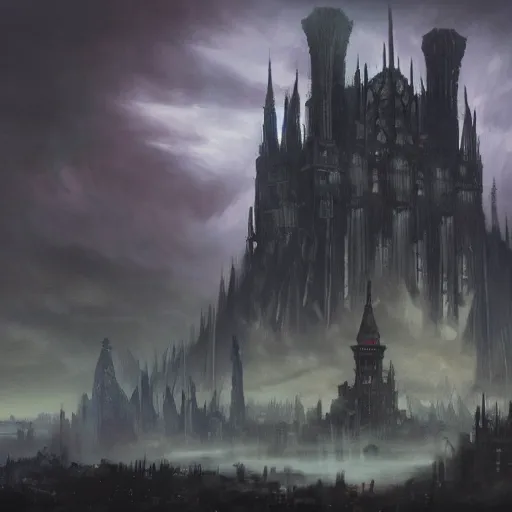 Image similar to an ultra detailed matte painting of a lonely and impossibly tall ominous gothic dark citadel tower of the evil patriarch, in the style of magic the gathering, in a river elevated high above the city, flintlock fantasy capital city, ultrawide lense, aerial photography, scary thunderstorm, exquisite detail, 8 k, art by greg rutkowski and alphonse mucha