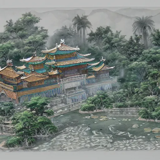 Image similar to water color on paper, imperial jade palace, highly detailed, artstation, masterpiece, award - winning,