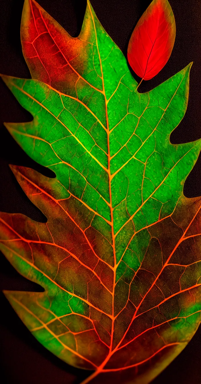 Image similar to realistic photo of a one big multi colored glowing leaf in dark textured background, full leaf is visible, very sharp focus, in the style of greg rutswoski, very hyper realistic, highly detailed, fantasy art station