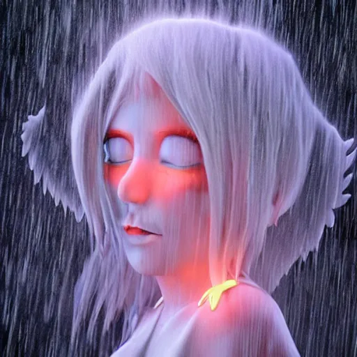 Image similar to angel spirit guide, cartoon portrait made out of rain, realistic, highly detailed, neon, rendered in octane, unreal engine, beautiful, trending on artstation, emotional