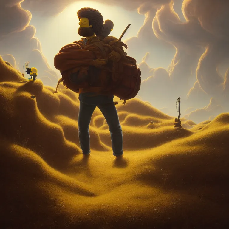 Prompt: young man with short brown hair and beard travelling with the simpsons through wastelands, baroque landscape painting, beautiful intricate insanely detailed octane render, artstation, 8 k artistic photography, photorealistic, volumetric perfect light, chiaroscuro, raphael, caravaggio, beksinski, rutkowski, giger