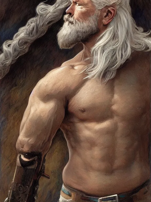 Prompt: painted portrait of rugged odin, god of wisdom, norse god, white hair, masculine, mature, handsome, upper body, blue and silver, muscular, hairy torso, fantasy, intricate, muscular, elegant, highly detailed, digital painting, artstation, concept art, smooth, sharp focus, illustration, art by gaston bussiere and alphonse mucha