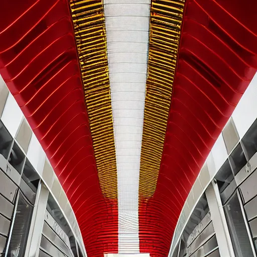 Prompt: futuristic space station with gold, red and white marble panels, by santiago calatrava, intricate contemporary architecture, photo journalism, photography, cinematic, national geographic photoshoot