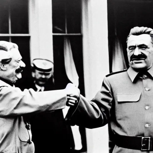 Prompt: photo of stalin and trump shaking hands, award winning photo, 3 5 mm camera