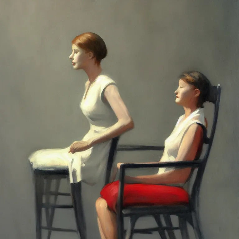 Prompt: woman sitting behind a chair, fog, early morning, , painted by Edward Hopper, painted by Wayne Barlow, airbrush