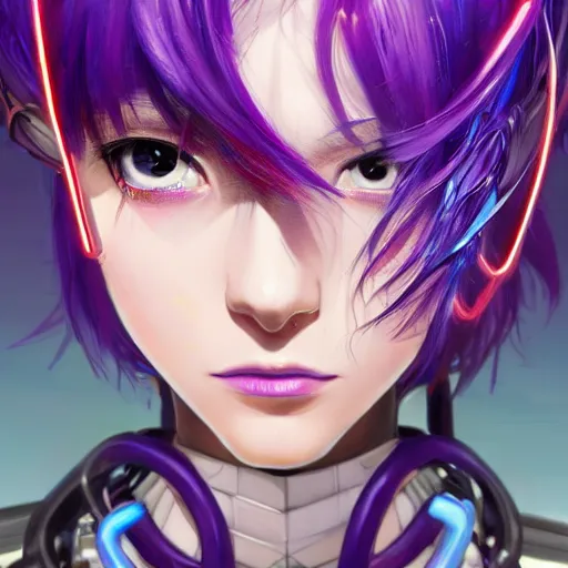 Image similar to A beautiful painting of a cyberpunk anime girl with purple hair and an a huge robot arm sensual stare, augmentations and cybernetic enhancements neon circuits, by Stanley Artgerm Lau, WLOP, Rossdraws, James Jean, Andrei Riabovitchev, Marc Simonetti, and Sakimichan, trending on artstation, hyperrealist, cinema4D, 8k highly detailed ❤️‍🔥 🔥 💀 🤖 🚀