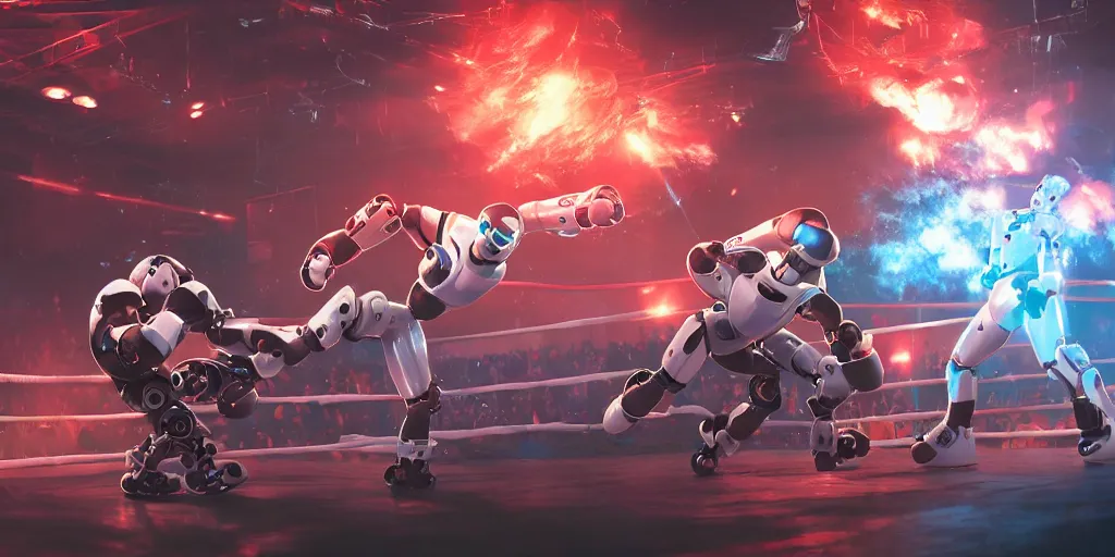 Prompt: A concept art of two robots boxing in action in the middle of the a boxing ring, highly detailed, scifi film color palette, ridley scott film, cinematic lighting, trending on artstation, cgsociety, volumetric lighting, style by dylan cole