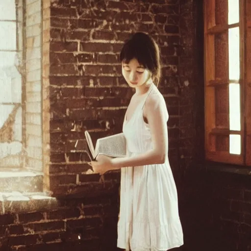 Image similar to a woman in a white dress is reading a book, a screenshot by jin homura, tumblr contest winner, romanticism, movie still, lighthearted, contest winner,