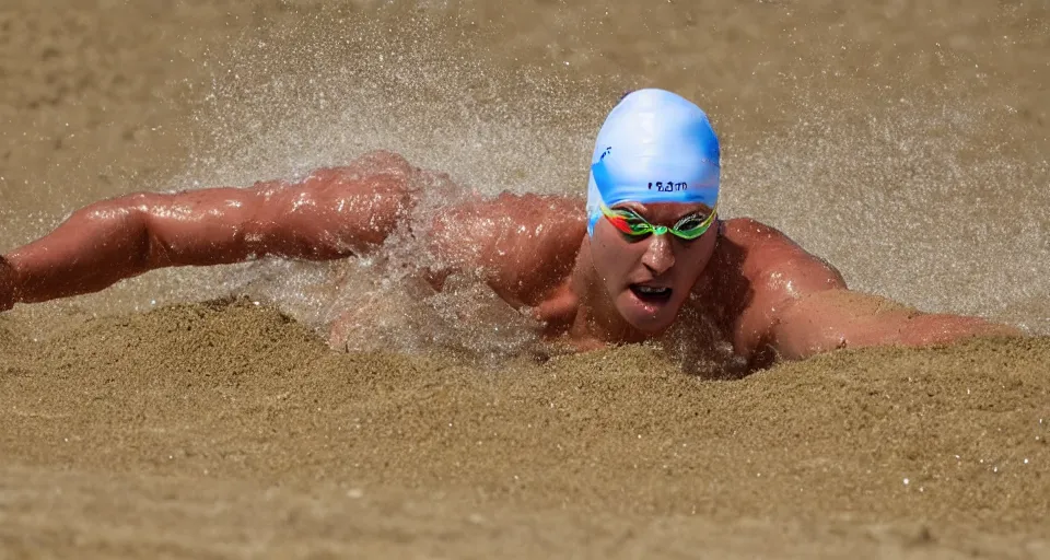 Image similar to olympic swimming in sand instead of water, extremely coherent, motion blur