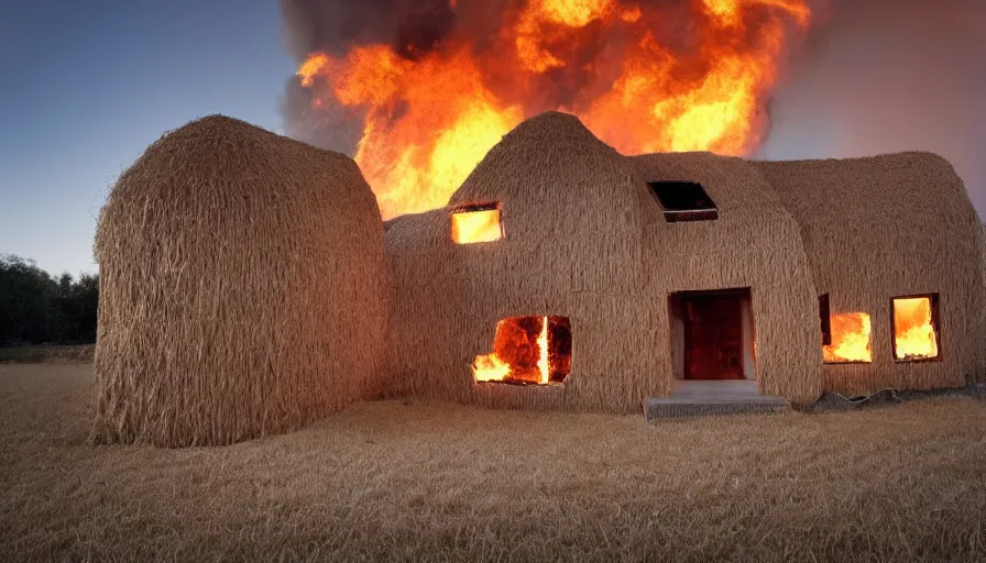 Prompt: a Barndominiums house made of straw with a meteorite falling from the sky, fire in the background 4k photography award winning,