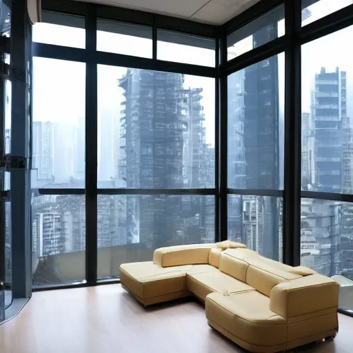 Prompt: feng zhu cyberpunk loft lounge with tall windows without people with city in background