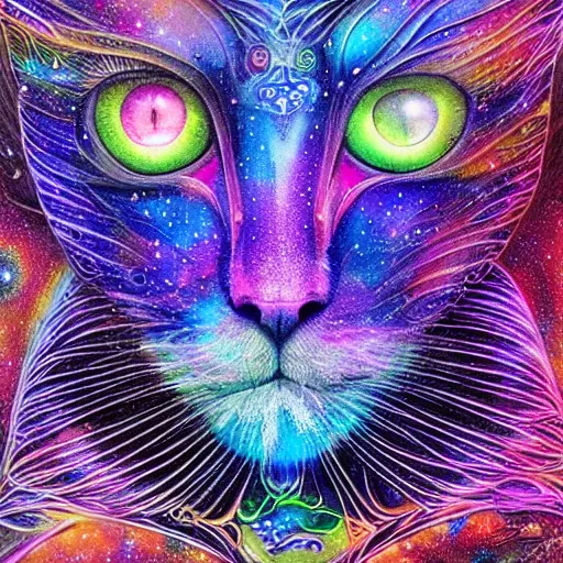 Prompt: a galaxy colored psychedelic chakra awakening kundalini ethereal portrait of a cat with her eyes closending to a higher plane of existence, eternal blessing, multiverse, by android jones, by ben ridgeway, visionary art, by artgerm, featured on artstation, cgsociety, by greg rutkowski