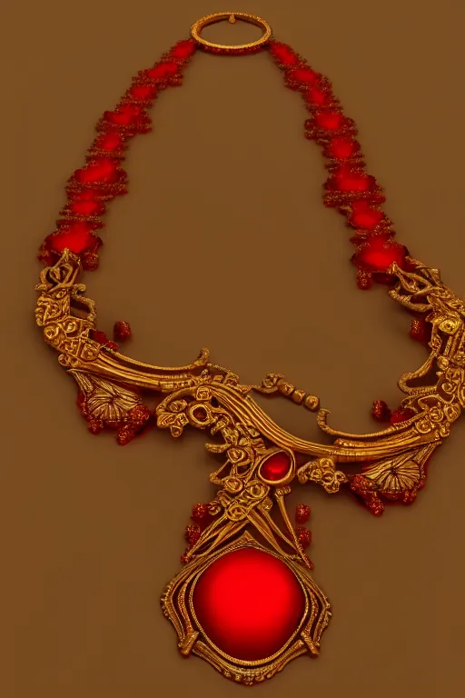 Image similar to historical, art nouveau, red gemstone necklace, gold metal, glowing inside, octane render, realistic, dramatic light, 3 d, photograph 4 k,