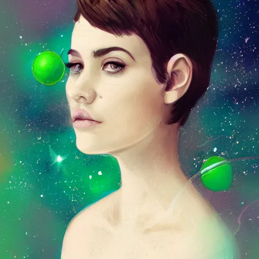 Prompt: a portrait photo of a young woman with medium - short brown hair, an intricate dress, and green eyes, floating in space, trending on artstation