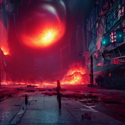 Image similar to a black hole is destroying a gothic cyberpunk City, catastrophic, fire and explosions, the feeling of dread, photorealistic, octane render, unreal engine