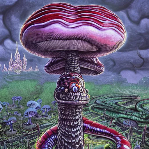 Image similar to A centered chest up portrait of a psychedelic demonic anthropomorphic snake smoking a hand-rolled cigarette smoking heavily , magic mushroom village in background , award winning. superb resolution. in the art style of junji Ito and greg rutkowski . Detailed Mushroom city in background. Hyper realistic anime. Perfect art. Dalle2