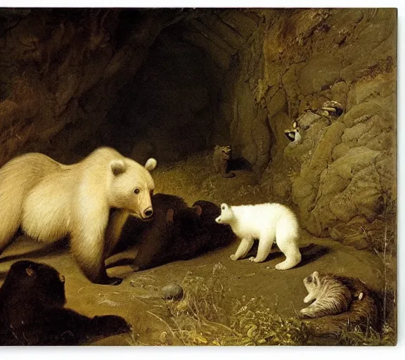 Image similar to viewer looking into dark cave and seeing a mother bear and her cubs sleeping, night time, artwork by Pieter Claesz, impressionism