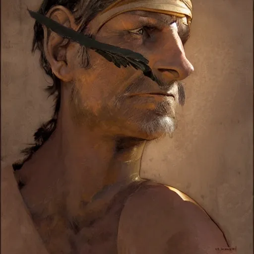 Prompt: a scrappy bronze age thief man, ancient mesopotamia, hiding, opportunistic expression, sword and sandal character portrait by nasreddine dinet ilya kuvshinov, craig mullins, edgar maxence, alphonse mucha