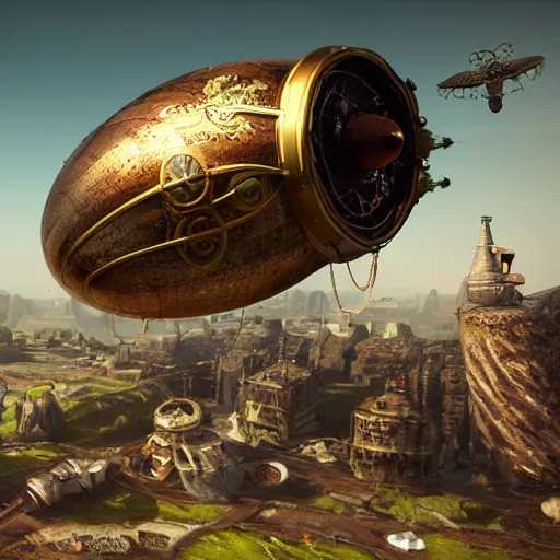 Prompt: enormous flying fortress in a faberge egg, sky, steampunk, fantasy art, masterpiece, unreal engine