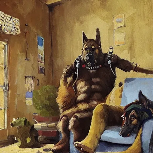 Image similar to a humanoid german shepherd beast - man, sitting and watching a soccer match in his house on television, he has hurt his knee and is a dad, by erin hanson, alexi zaitsev, karl spitzweg, award winning, tv set