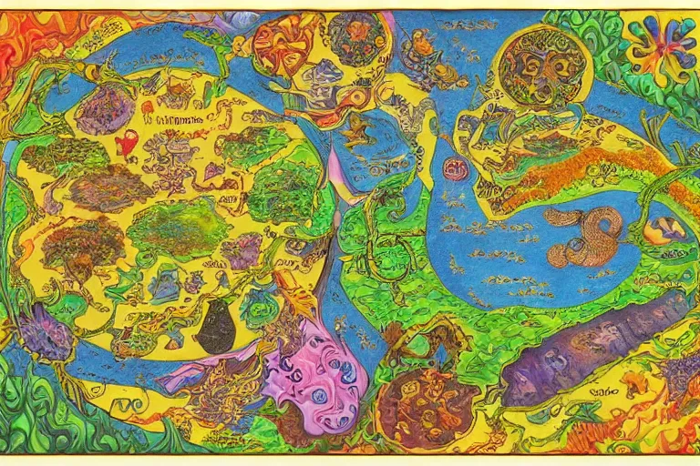 Image similar to Map of a psychedelic realm in the style of the voynich manuscript highly detailed, full color, as painted by lisa frank and bob ross