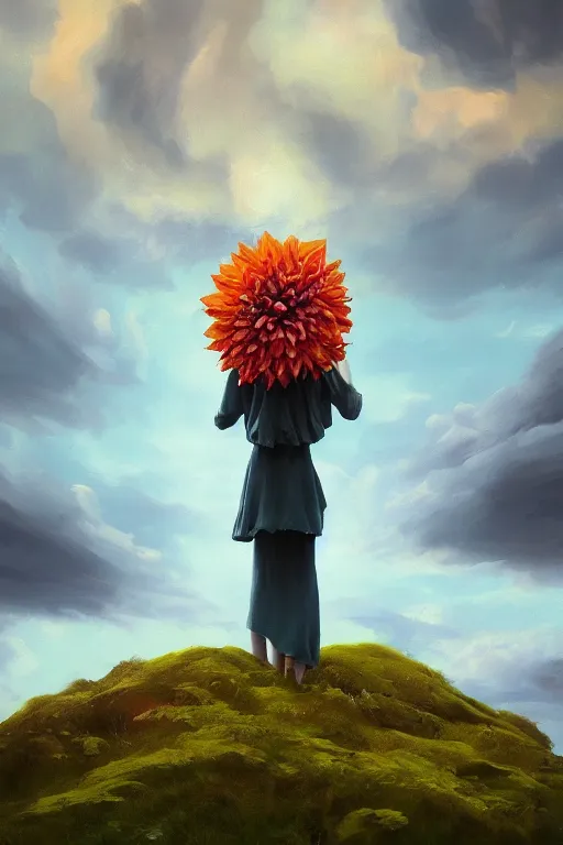 Image similar to closeup giant dahlia flower as head, girl standing on mountain, surreal photography, blue storm clouds, dramatic light, impressionist painting, digital painting, artstation, simon stalenhag