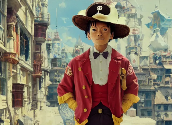 Image similar to a film still of cosplay of luffy the pirate in the grand budapest hotel ( 2 0 1 4 ), artwork by craig mullins, octane, unreal, trending on art station