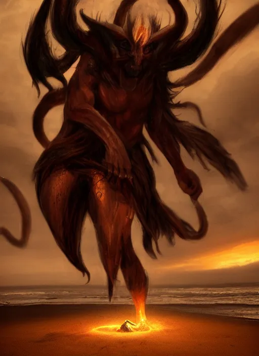 Image similar to terrific jinn demon in middle of beach with hoof on his feet with long cloth, horror, dark atmosphere, harsh lighting, cinematic lighting, scary, award wining art, artstation, high details, concept art, 4 k