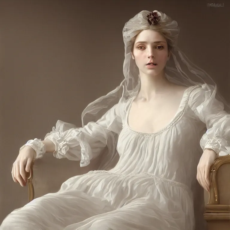 Image similar to hight focus of a wonderful realistic focused sweet wonderful symmetrical mid portrait of a lonely woman with a detailed wonderful, majestic, large semi transparent white cotton dress ornate with semi transparent cotton roses and semi transparent white veils, dramatic light, octane render, by roberto ferri style, - 8 k